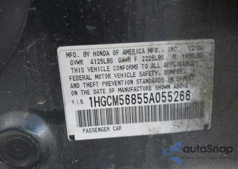 2005 Honda Accord 2.4 Ex from USA, damaged, VIN 1HGCM56855A055266